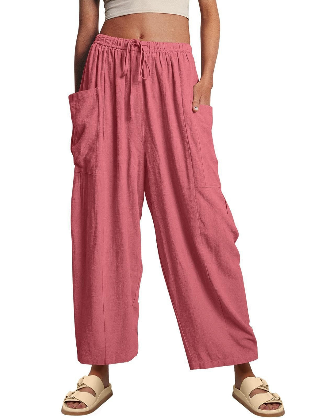 Stretched-waist Pleated High-waisted Wide-leg Loose Casual Cotton And Linen Long Pants