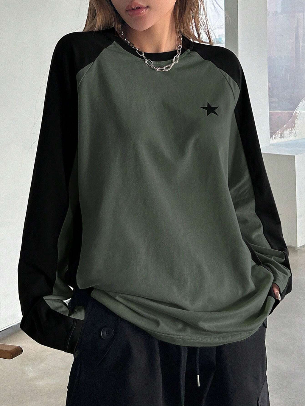 Round Neck Long Sleeve T-shirt Loose Casual Multicolor Raglan Top