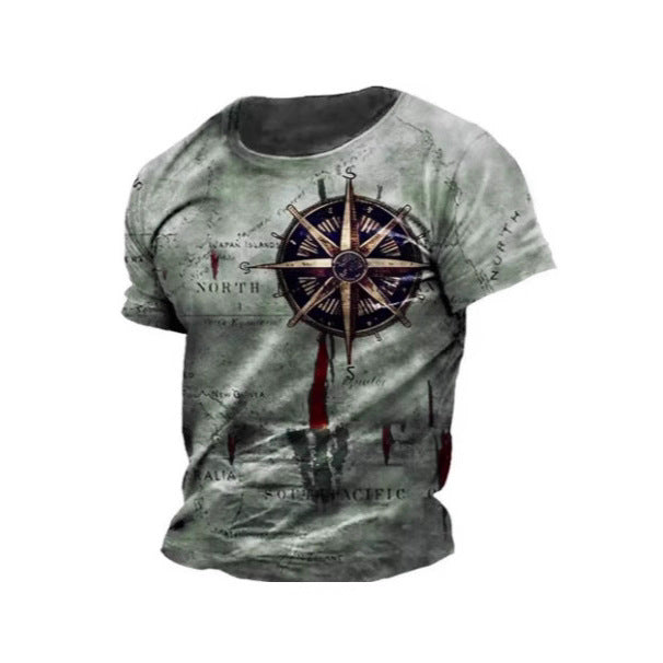 Men's Vintage Nautical Map Compass Printed T-shirt