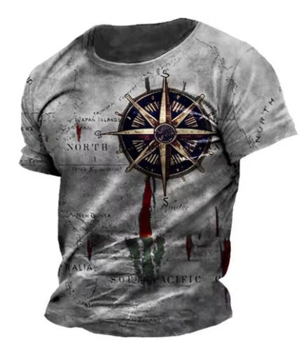 Men's Vintage Nautical Map Compass Printed T-shirt