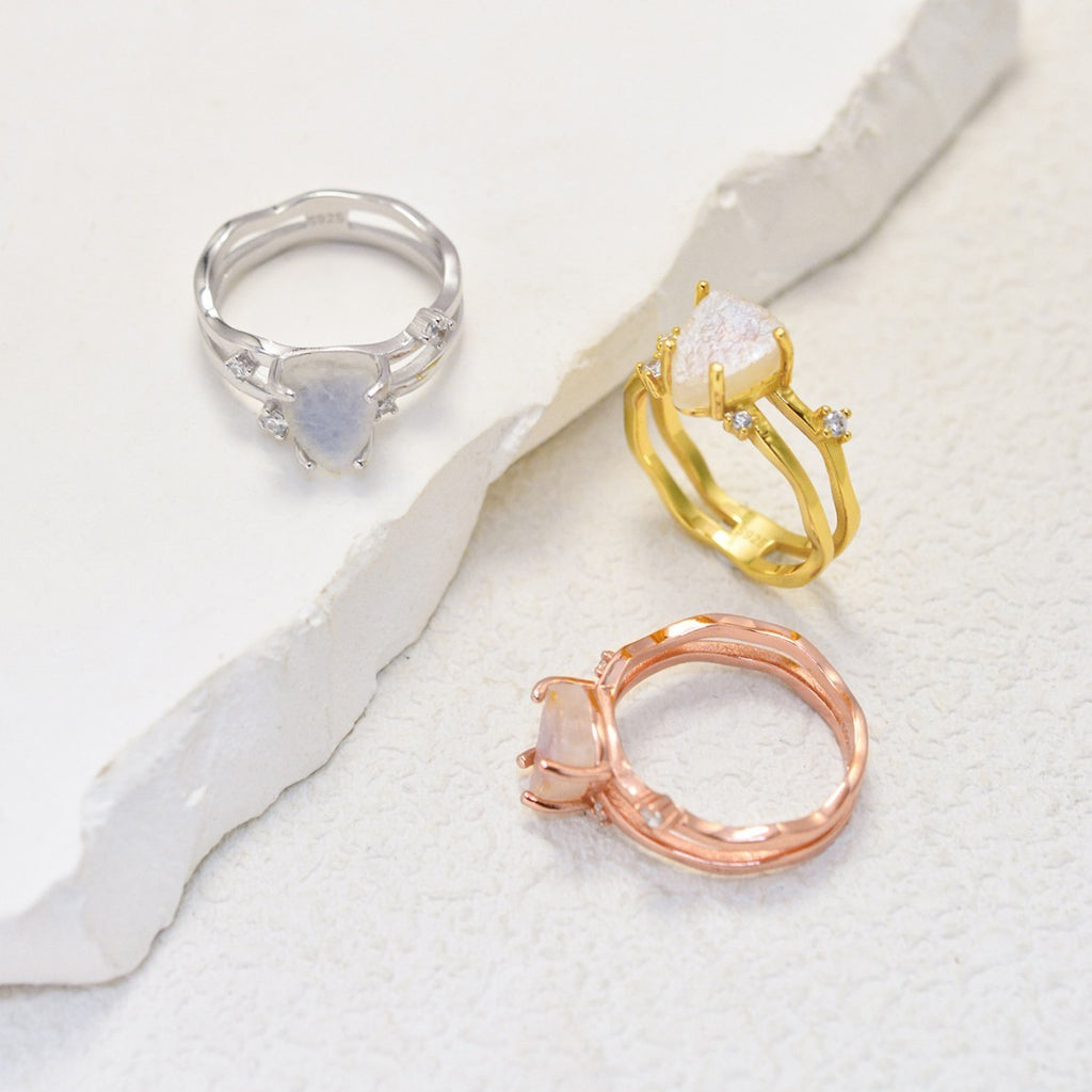 S925 Silver Irregular Triangle Moonstone Ring Personality Fashion Minority Design Female Ring