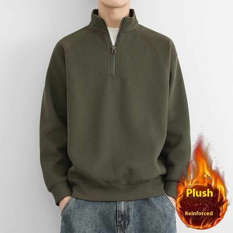 Half Zipped Stand Collar Men's Vintage Fleece-lined Thickened Casual Sweatshirt