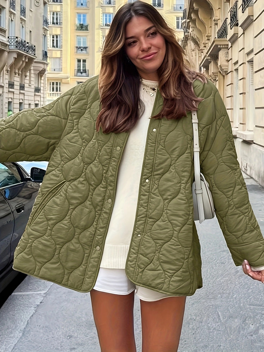 Simple Solid Color Round Neck Loose Cotton Coat With Quilted Lines