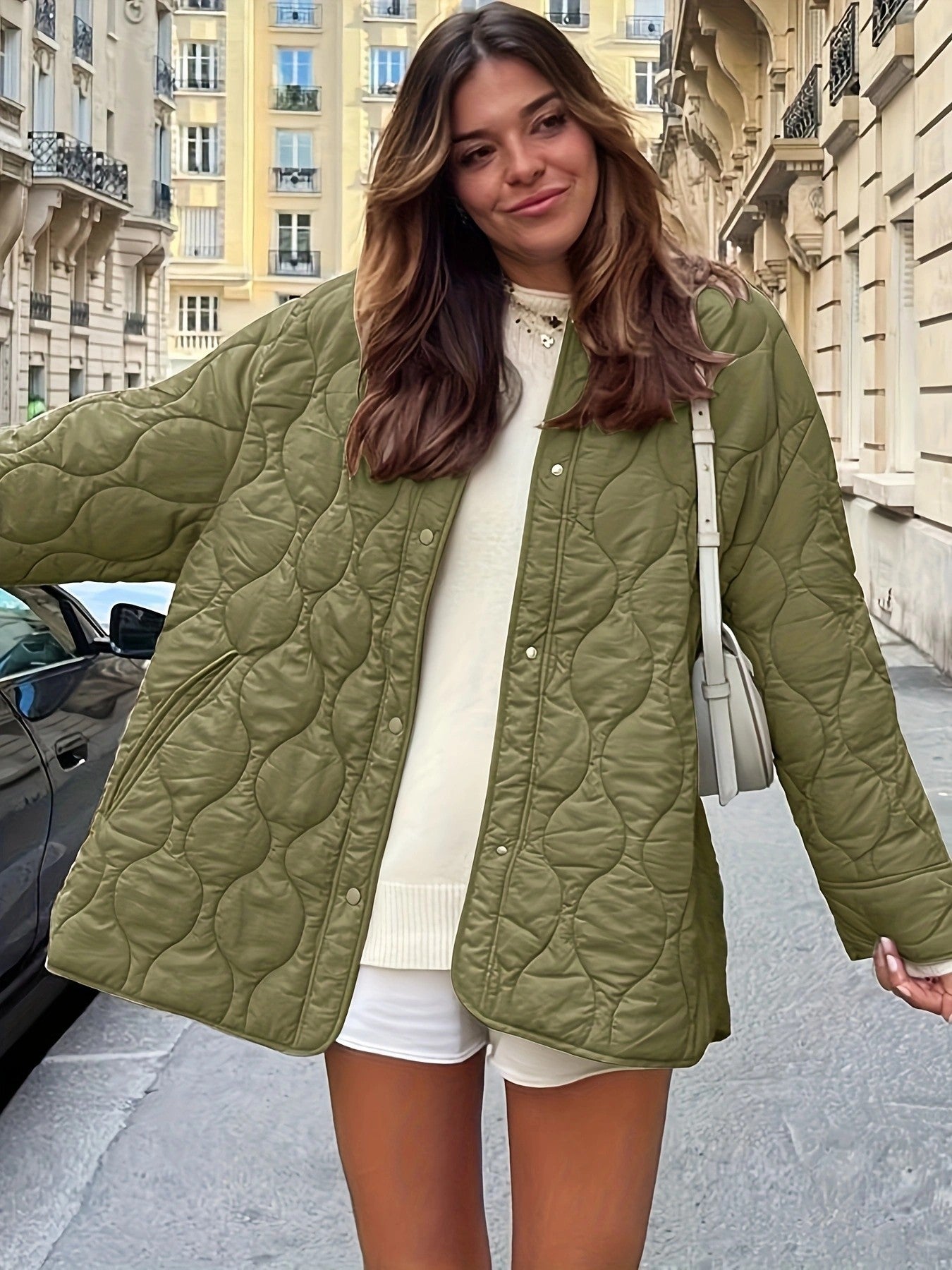 Simple Solid Color Round Neck Loose Cotton Coat With Quilted Lines
