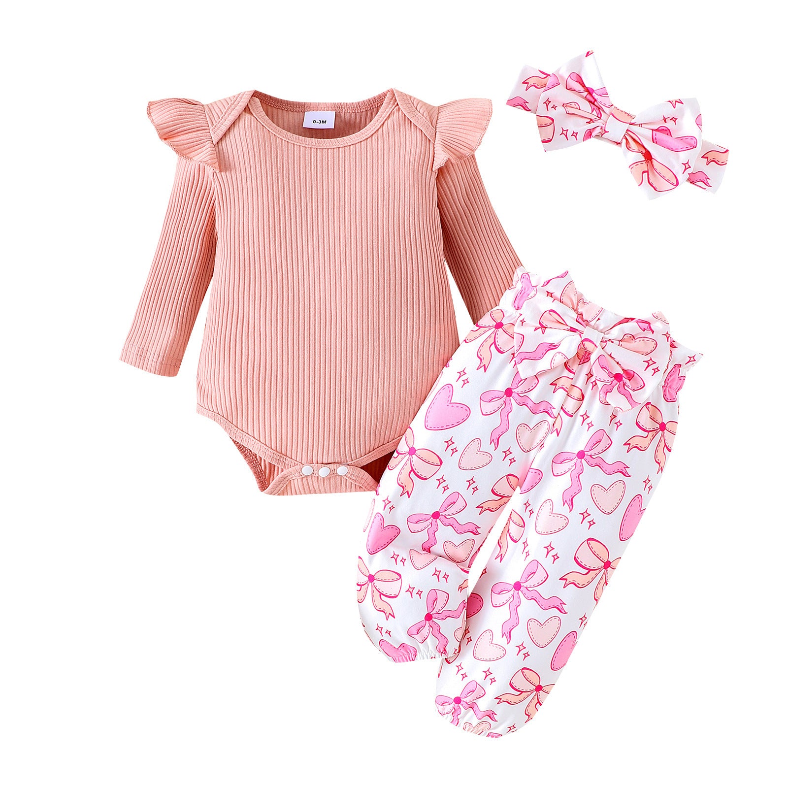 Sunken Stripe Long-sleeve Jumpsuit Flower Print Trousers Hair Band For Girls Suit