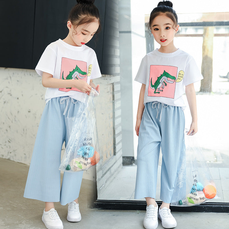 Fashion Super Western Wide Leg Pants Short Sleeve Two Piece Set
