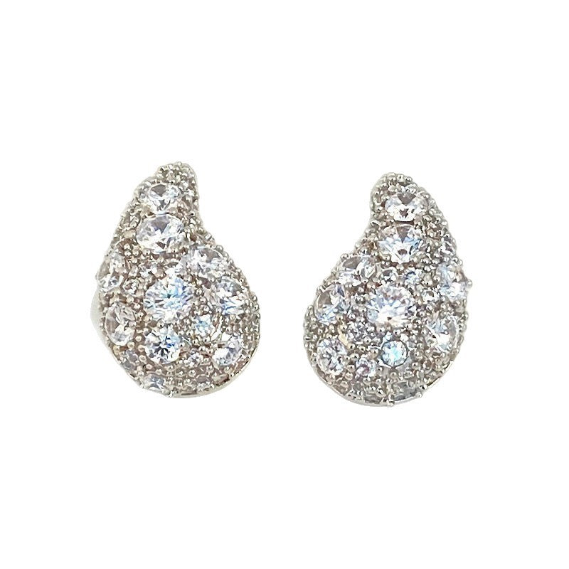 Retro Super Shiny Crescent Water Drop Zircon Temperament Silver Ear Studs Female Earrings