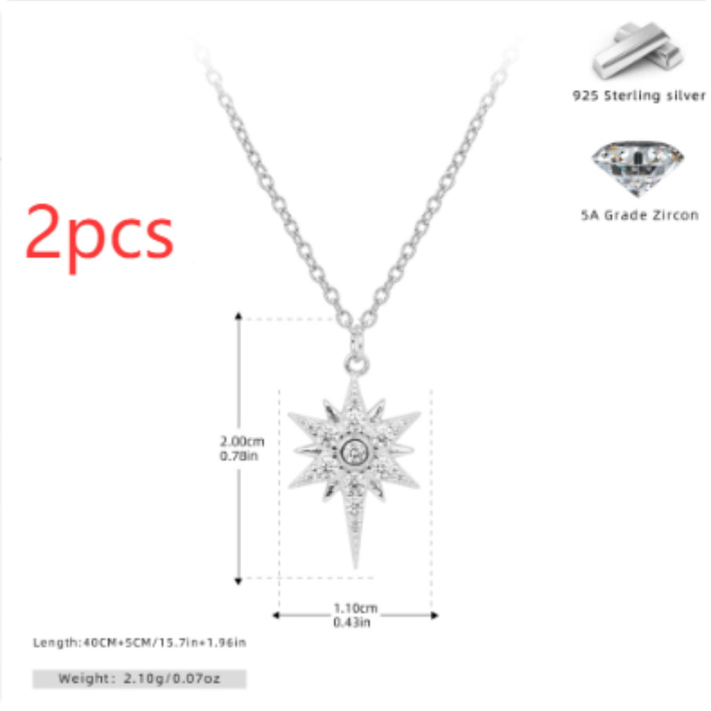 S925 Sterling Silver Inlaid Stone Eight-pointed Stars Pendant Necklace