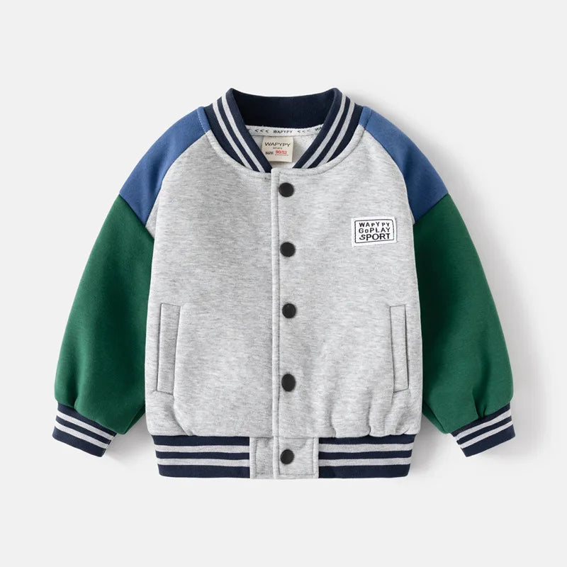 Children Letter Baseball Coat 2025 Autumn Winter Boys Button Thickened Sweatshirt Baby V-neck Color-blocked Coat - EL CHEG