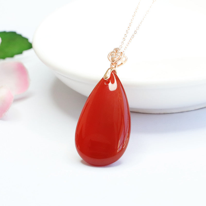 Inlaid Natural Red Agate Pendant Chalcedony Water Drop Necklace