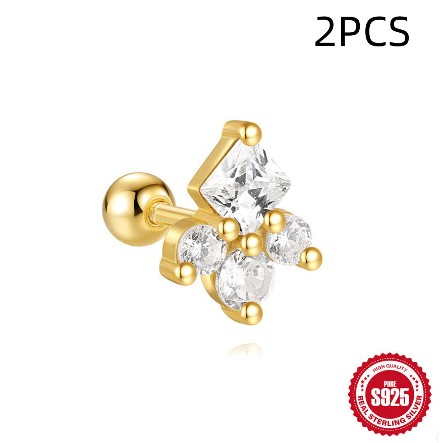 S925 Sterling Silver Red Earrings Square Gravel Stud Earrings