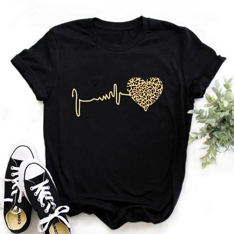 Summer New 90 's Leopard Heartbeat Short Sleeve Print Clothing Women's T-Shirt Harajuku Graphic Clothing Women's Top Tee - EL CHEG