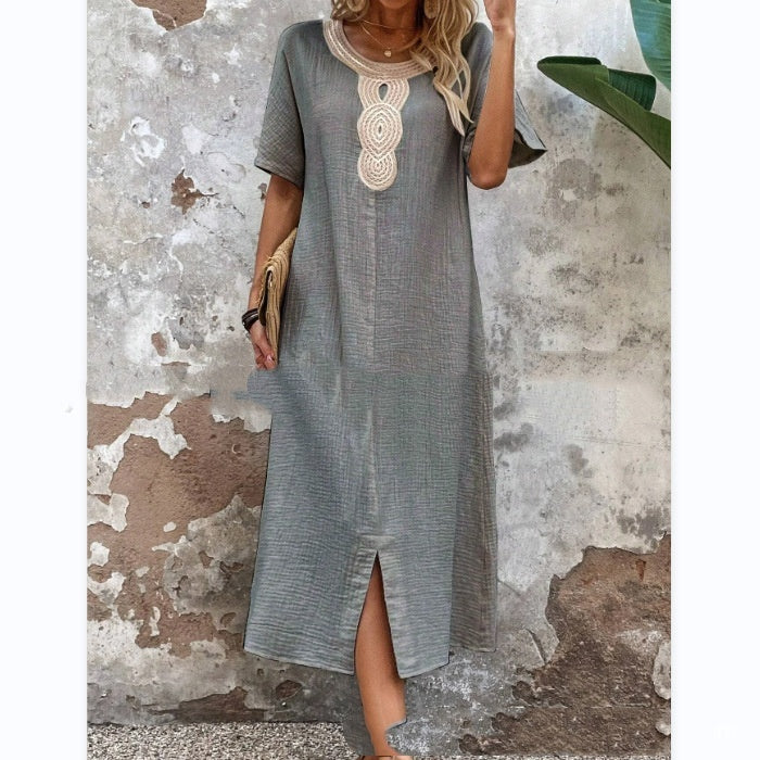 Round Neck Ruffled Short Sleeves Pure Cotton And Linen Slit Loose Dress
