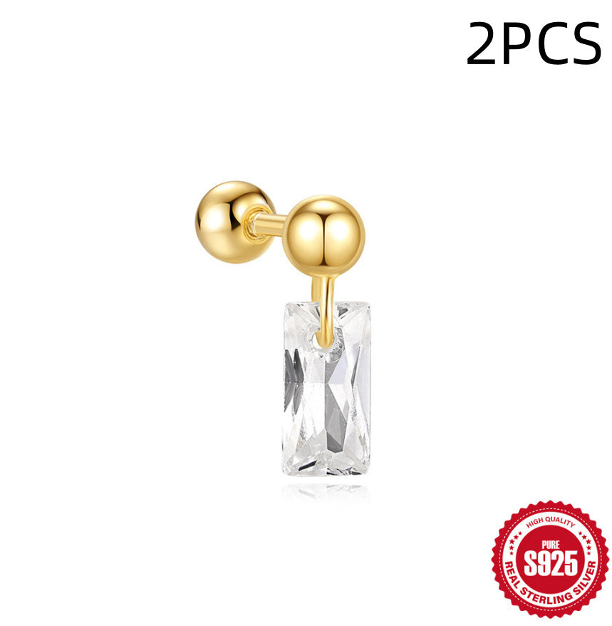 S925 Sterling Silver Red Earrings Square Gravel Stud Earrings