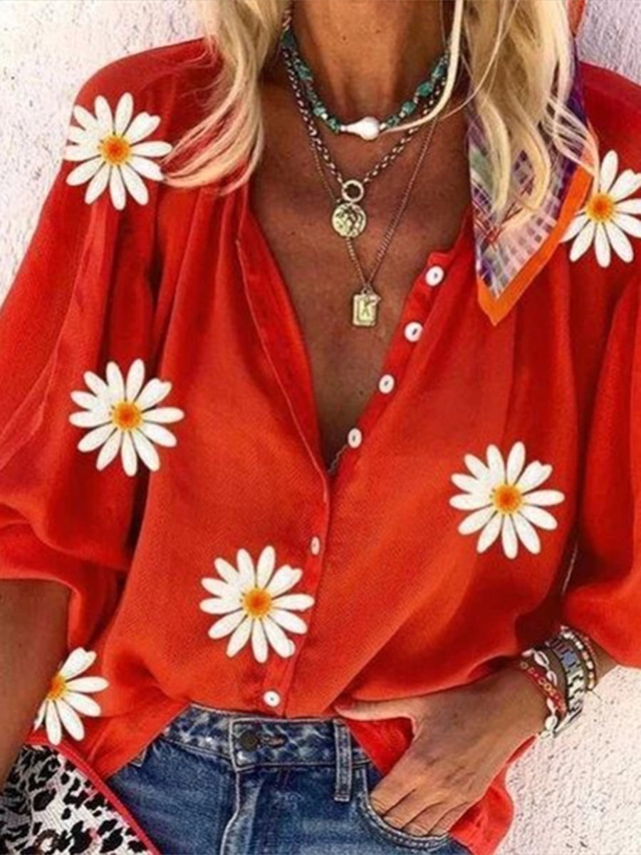 Women's V-neck Long Sleeve Stand Collar Printed Sweet Blouse