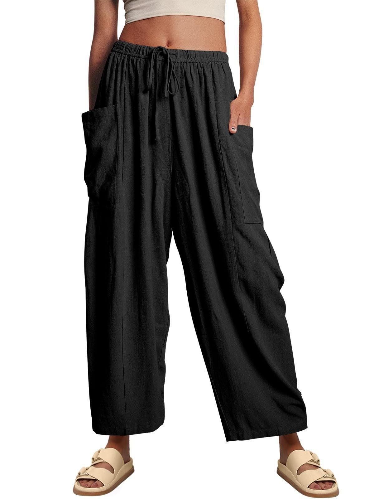 Stretched-waist Pleated High-waisted Wide-leg Loose Casual Cotton And Linen Long Pants