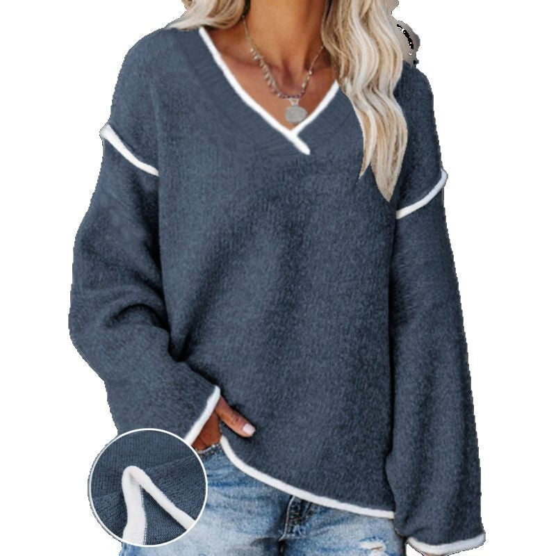 V-neck Color-contrasting Stripe Loose Casual Plus Size Women's Knitted Blouse
