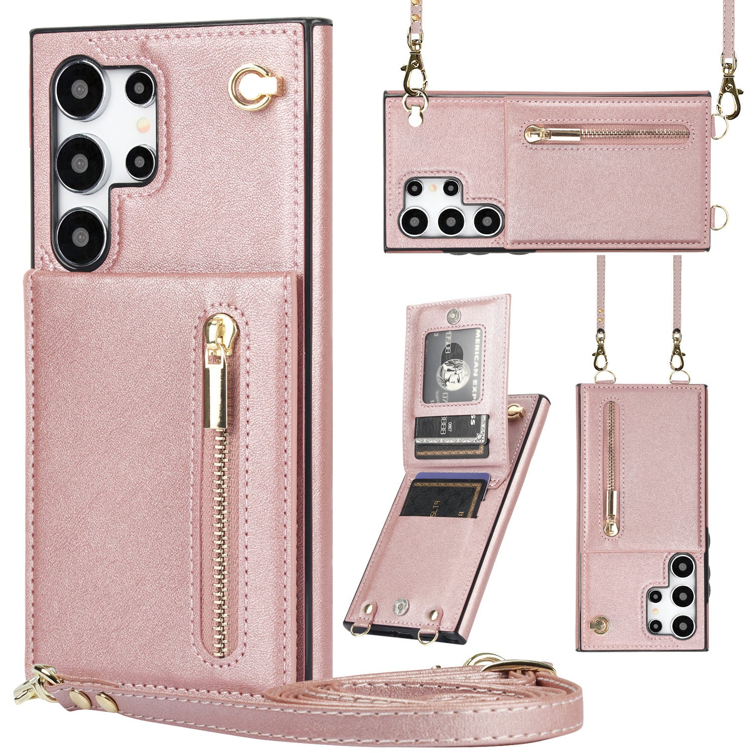 Card Crossbody Zipper Bracket Leather Phone Case
