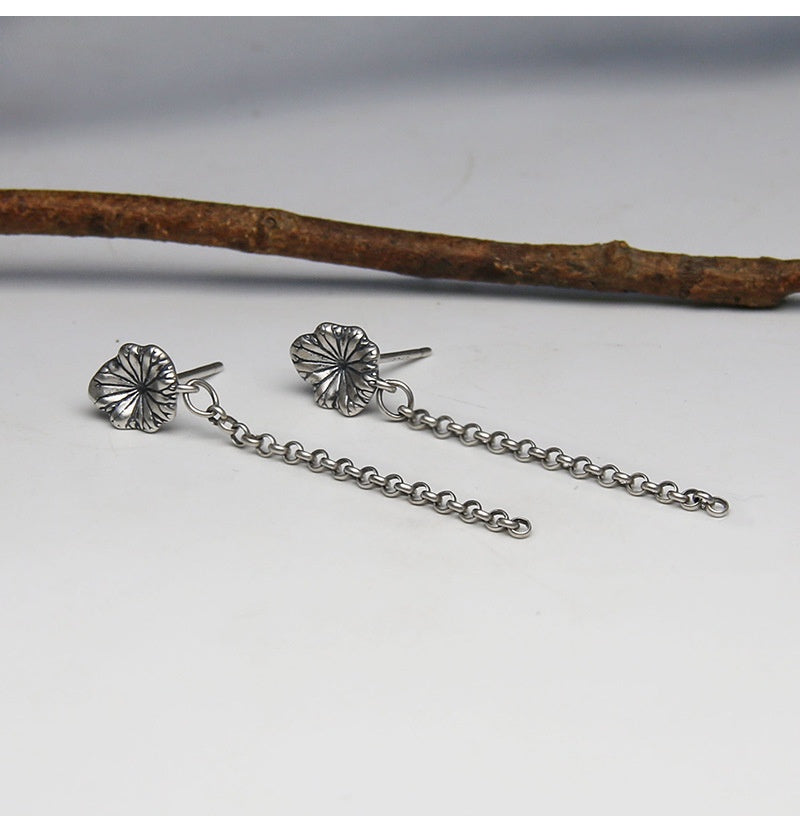925 Sterling Silver Long Tassel Stud Earrings Women's Ethnic Style Lotus Leaf