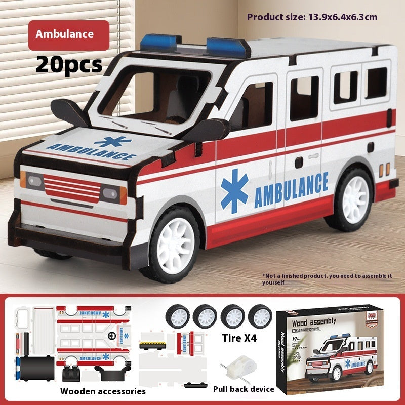 Wooden Assembled Toy Car Warrior Engineering Vehicle Fire Truck DIY Model.