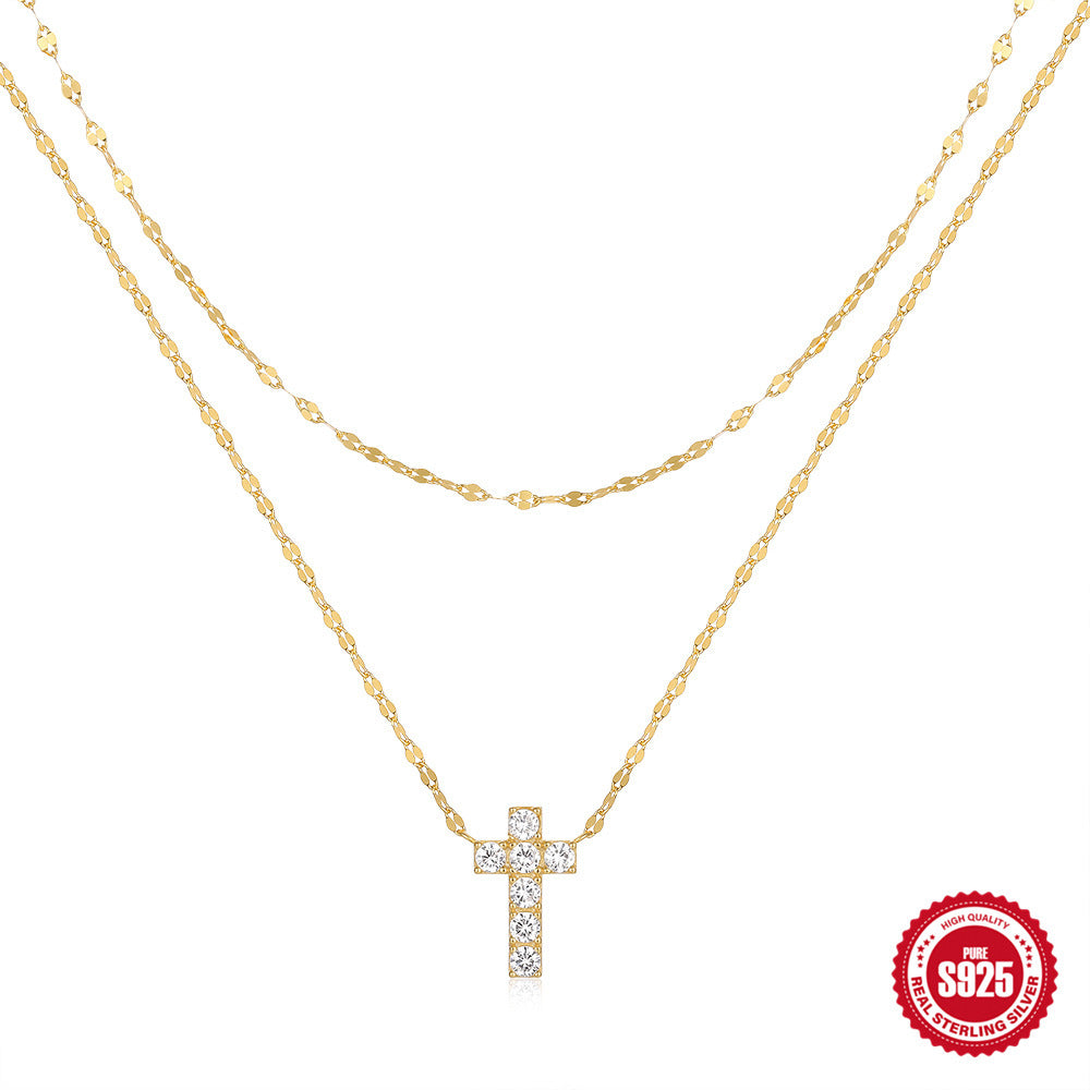 S925 Sterling Silver Double Layer Twin Diamond Cross