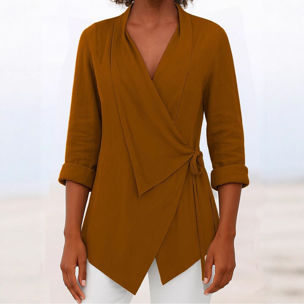 Women's Autumn And Winter V-neck Cotton And Linen Solid Color Shirt
