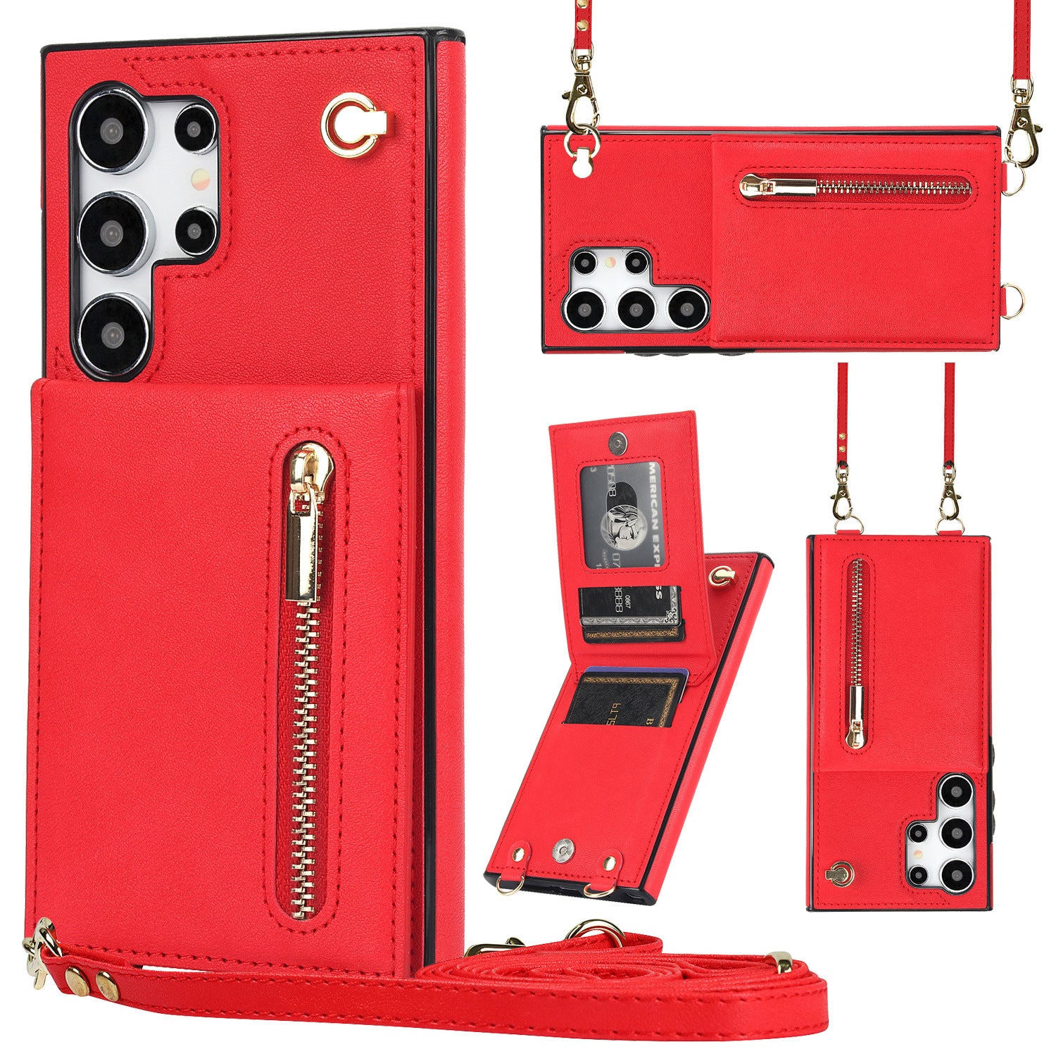 Card Crossbody Zipper Bracket Leather Phone Case