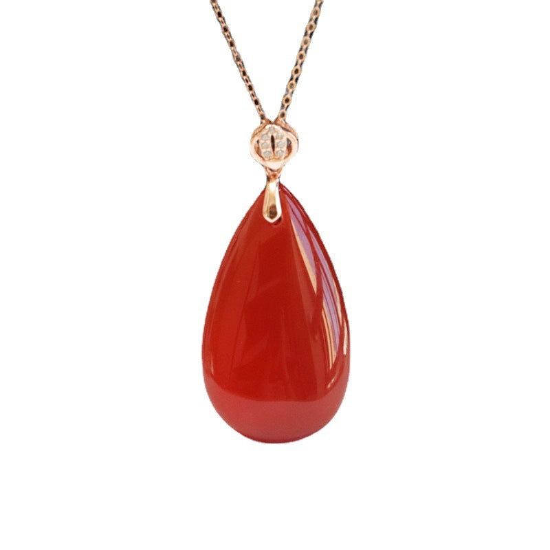 Inlaid Natural Red Agate Pendant Chalcedony Water Drop Necklace