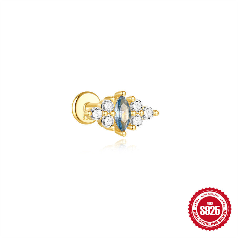 Sterling Silver Opal Diamond-embedded Flat Head Thread Piercing Ear Bone Stud