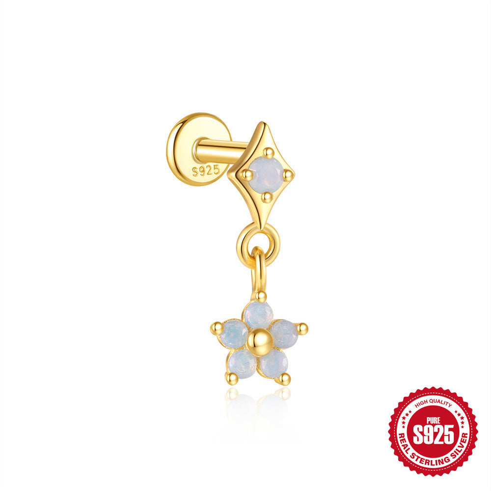 Sterling Silver Opal Diamond-embedded Flat Head Thread Piercing Ear Bone Stud