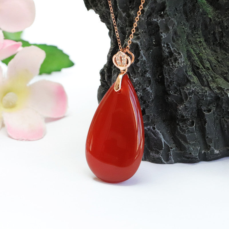 Inlaid Natural Red Agate Pendant Chalcedony Water Drop Necklace