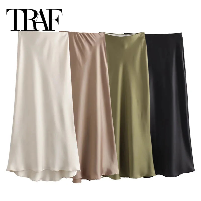 TRAF Woman 2024 Satin Skirt Women High Waist Long Skirts For Women Summer Black Midi Skirt Office Elegant Women's Skirts - EL CHEG