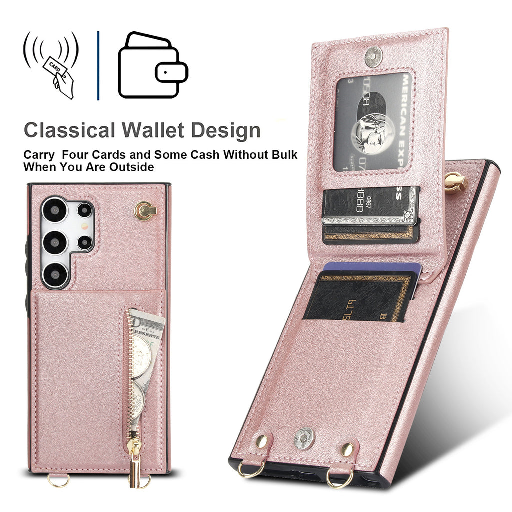Card Crossbody Zipper Bracket Leather Phone Case