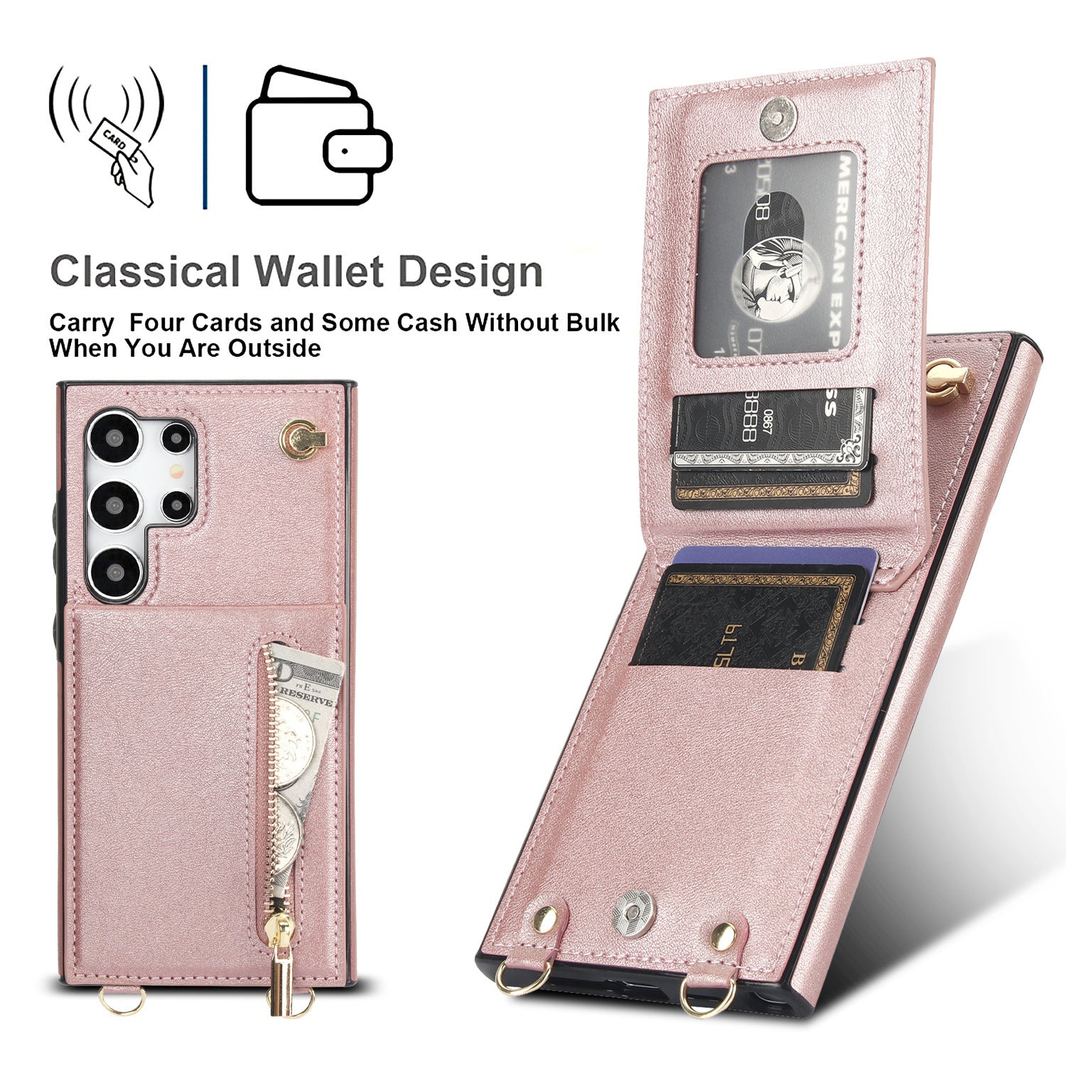 Card Crossbody Zipper Bracket Leather Phone Case
