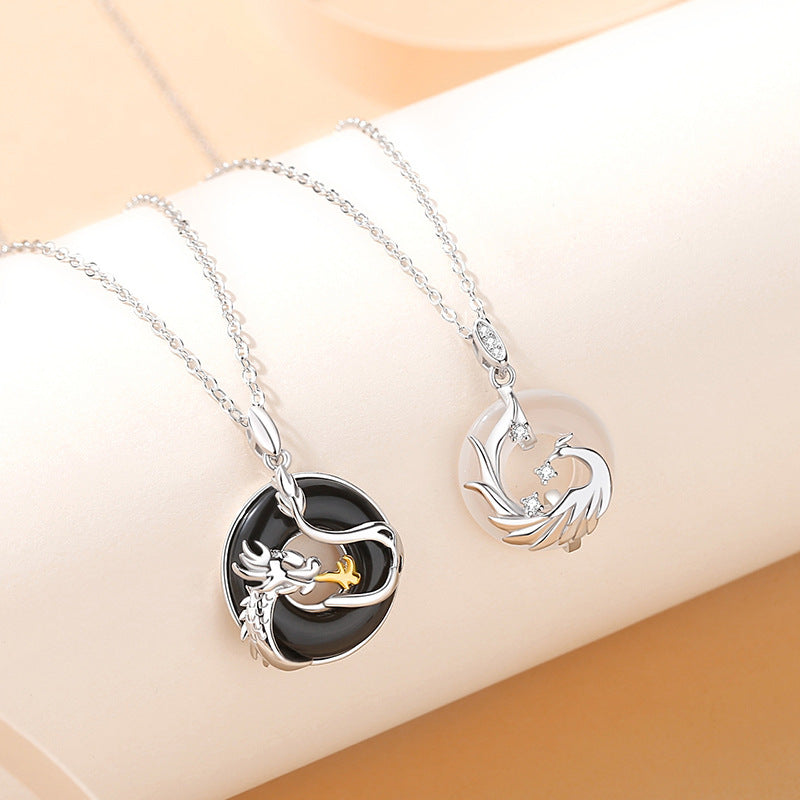 Sterling Silver Dragon And Phoenix Peace Buckle Men And Women Original Zodiac Dragon Black Onyx Necklace