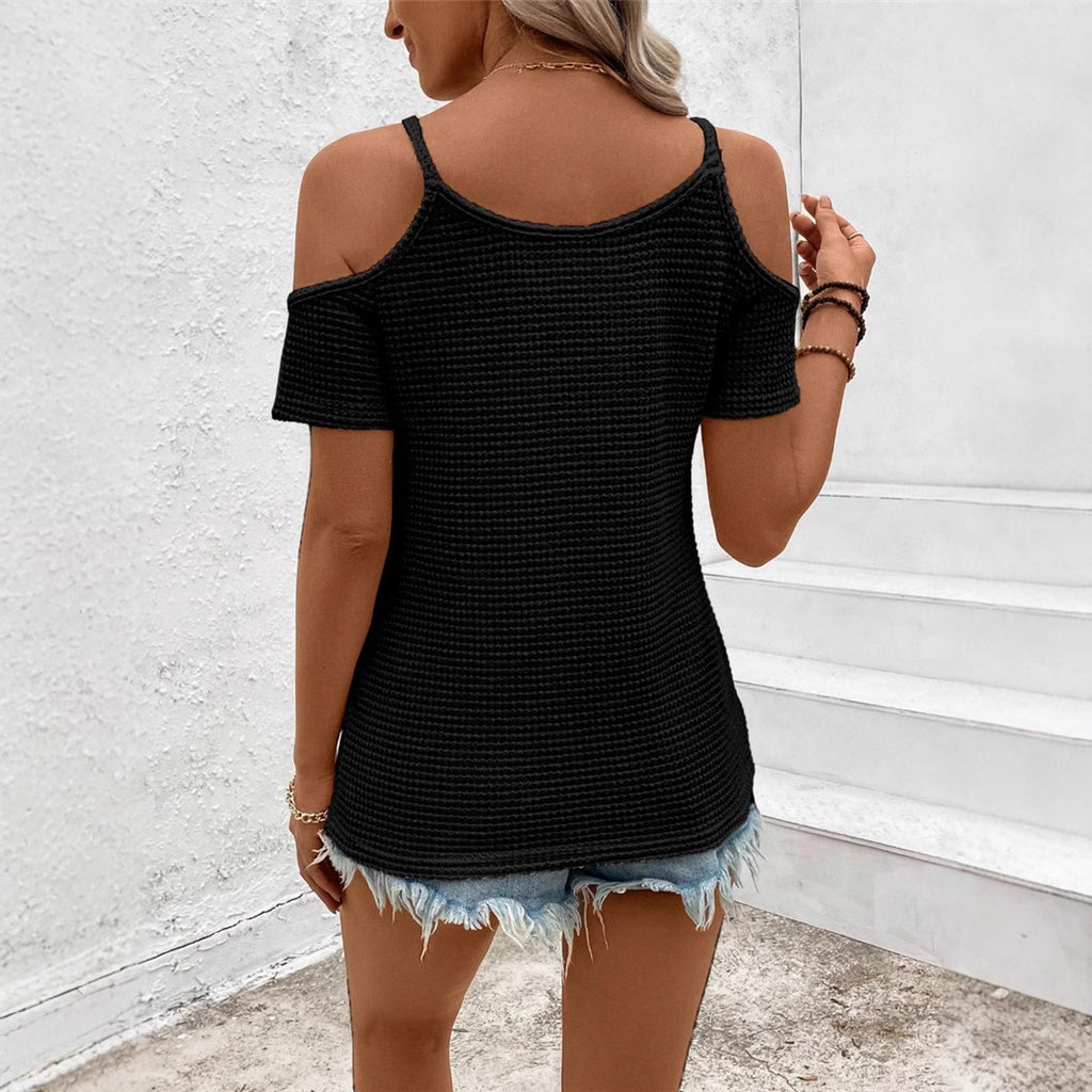Lace Patchwork Knitting Off-the-shoulder Strap T-shirt Top