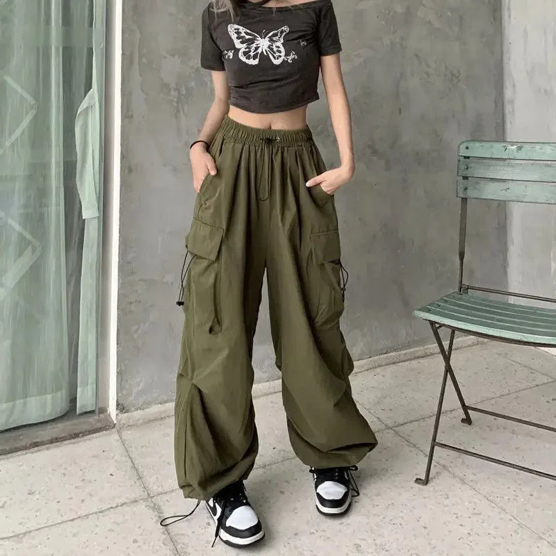 Women Casual Joggers Tech Pants Solid Low Waist Pants Drawstring Wide Leg Baggy Trousers Y2k Streetwear Oversize Sweatpants - EL CHEG