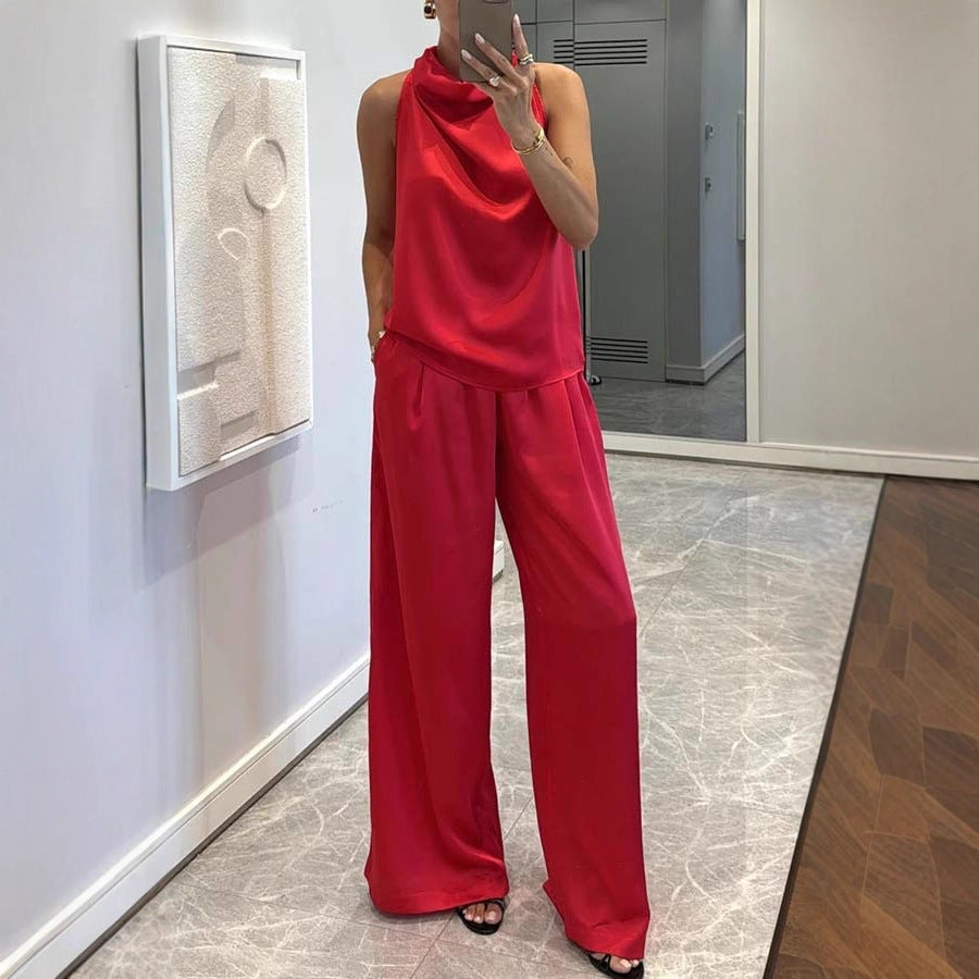 Women's Sleeveless Trousers Loose Satin Two-piece Set