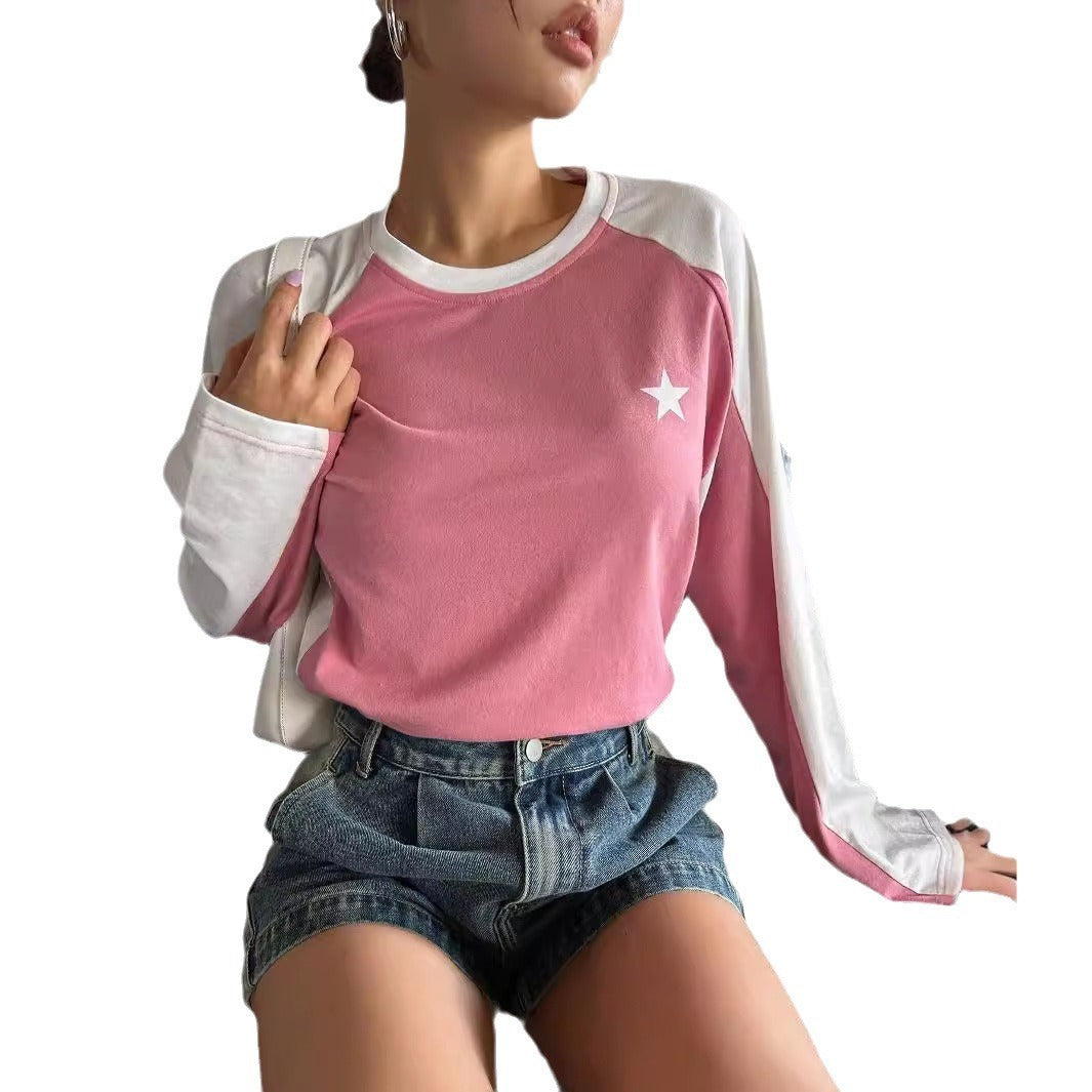 Round Neck Long Sleeve T-shirt Loose Casual Multicolor Raglan Top