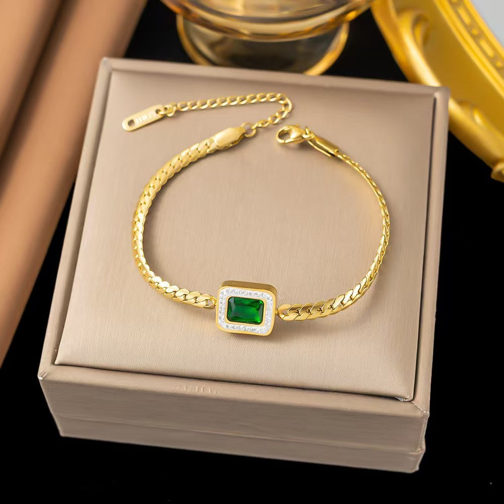 Titanium Steel Green Zircon Inlaid Mud Diamond Colorfast Women's Fashion Bracelet