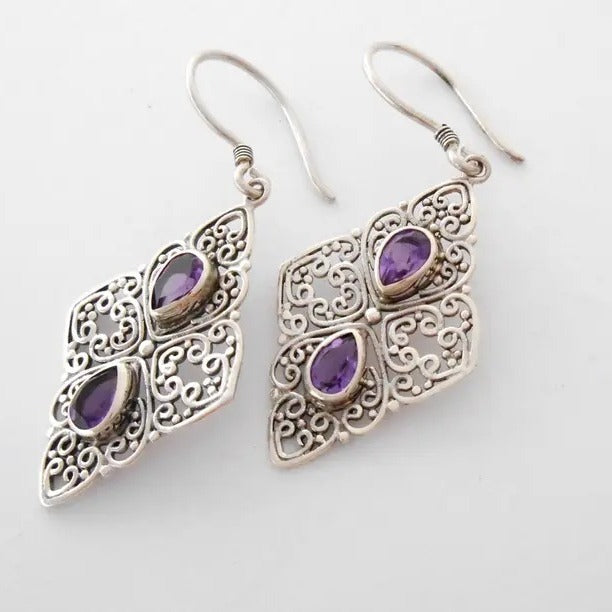 Metal Hollow Ancient Silver-plated Inlaid Purple Zircon Earrings