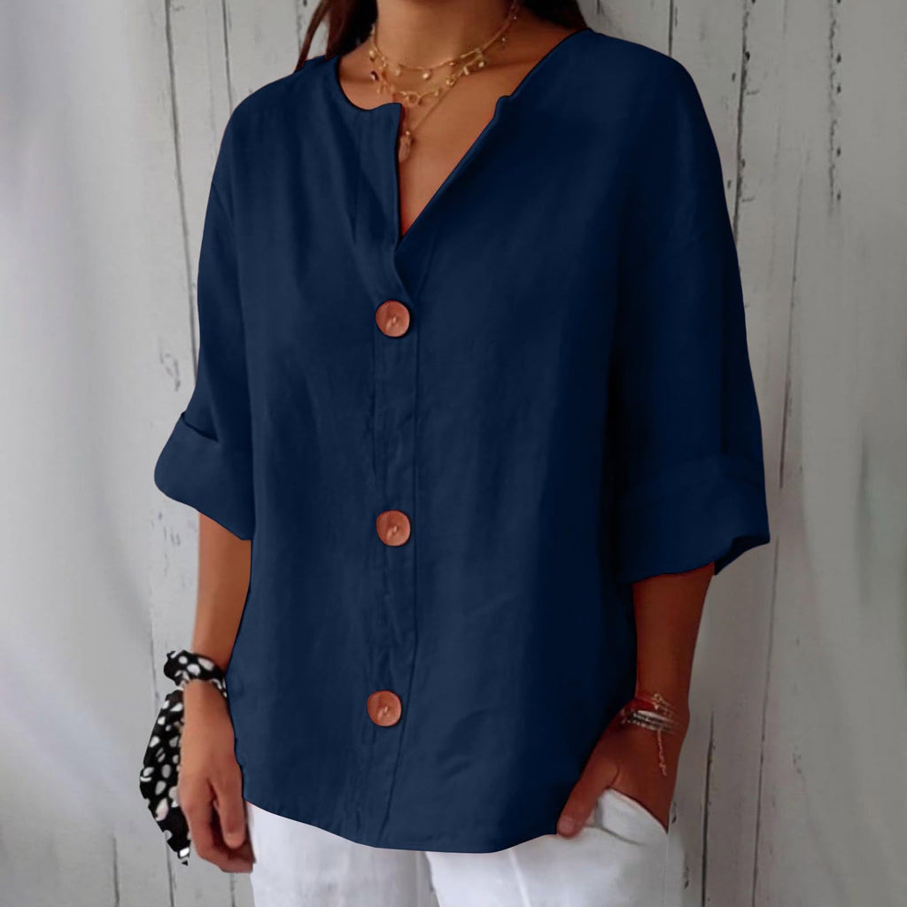 Loose T-shirt Women's V-neck Cotton And Linen Button Top