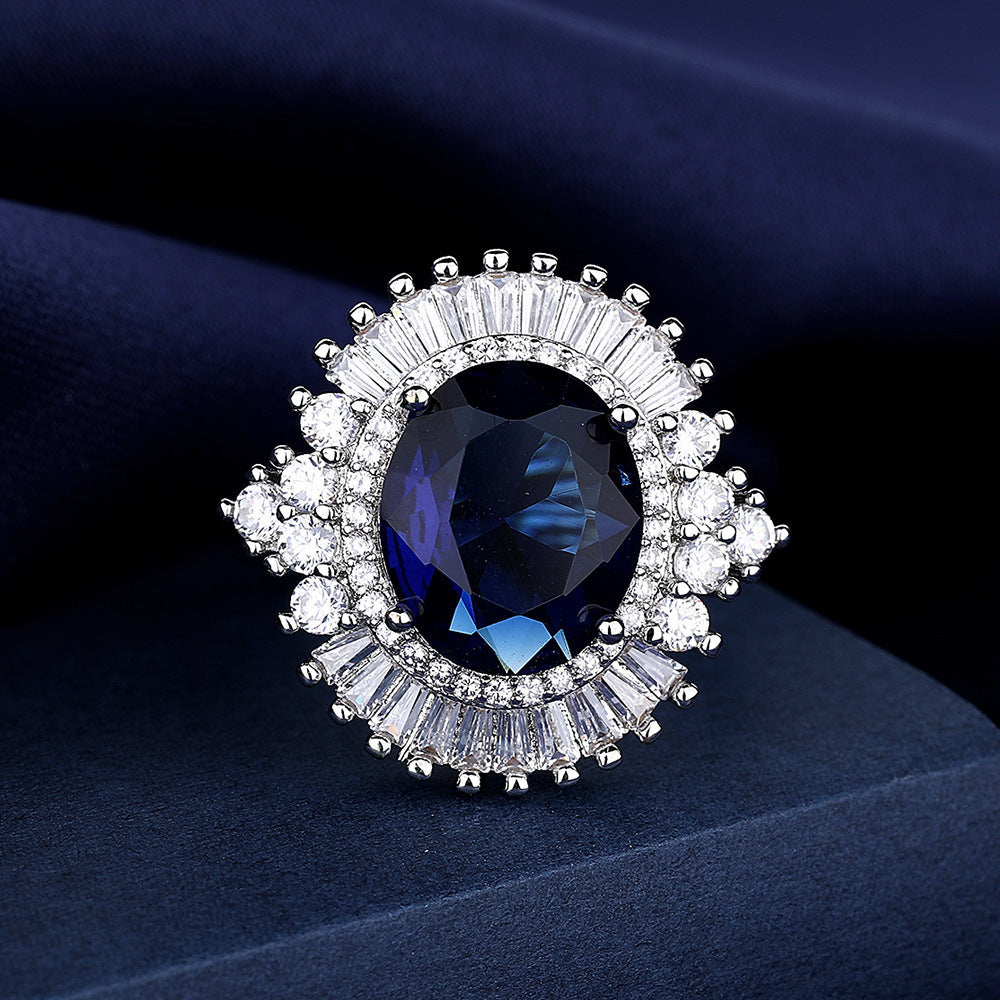 Sea Blue Heart Luxury Square Full Diamond Open Mouth Design Luxury Female Temperament Ring