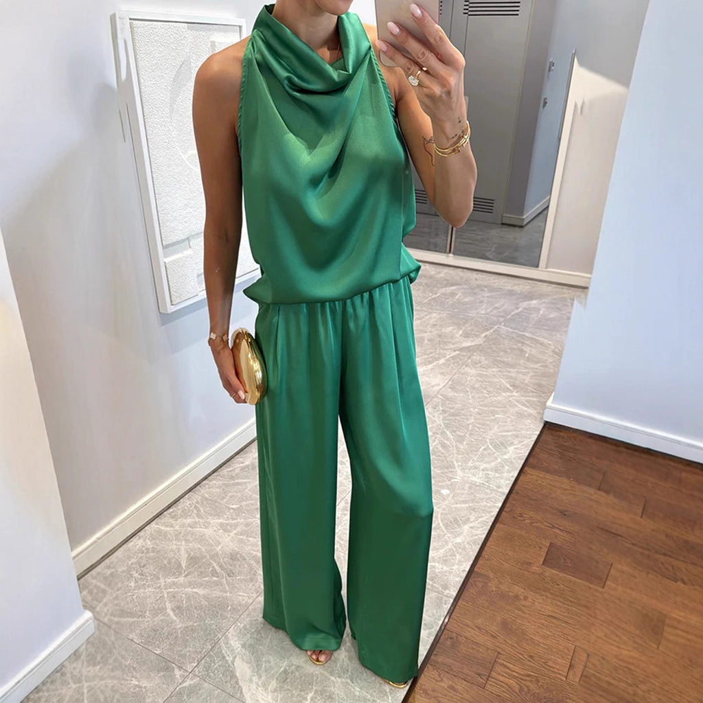 Women's Sleeveless Trousers Loose Satin Two-piece Set