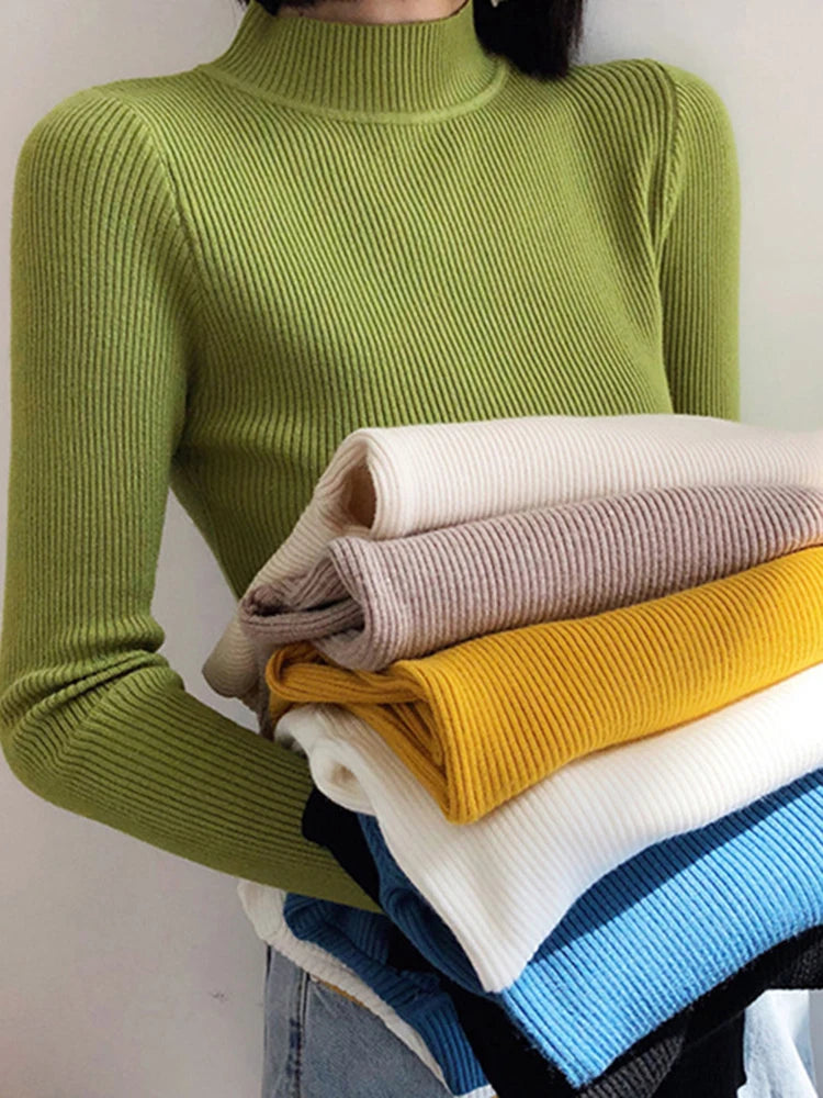 Autumn Winter Mock Neck Women Sweater Vintage Basic Solid Knitted Tops Casual Slim Pullover Korean Sweaters Simple Chic Jumpers - EL CHEG