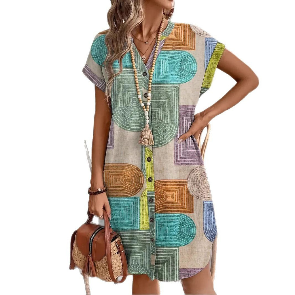 Printed Woven Elegant V-neck Button Dress