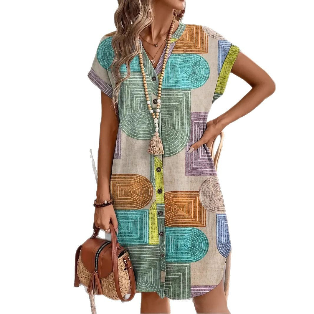 Printed Woven Elegant V-neck Button Dress