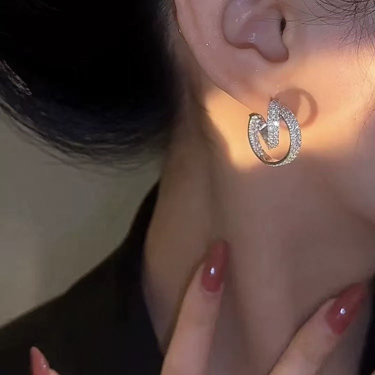 Sterling Silver Needle Micro Inlaid Zircon C- Shaped Cross Earrings