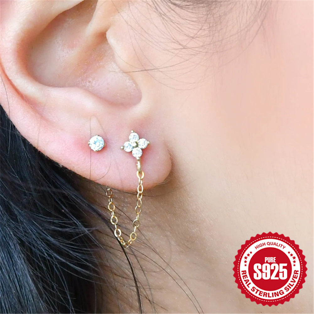 S925 Sterling Silver Diamond Flower Tassel Chain Earring Ear Clip Stud Earrings