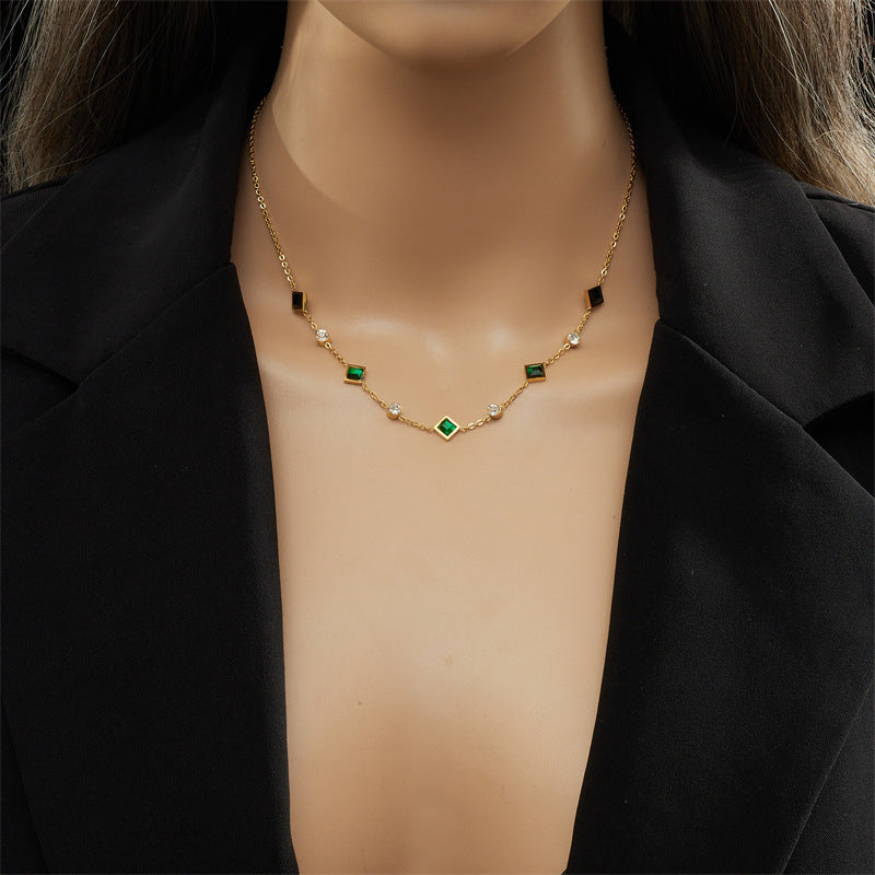 Stainless Steel Cube Emerald Zircon Personality Simple Niche Does Not Fade Necklace